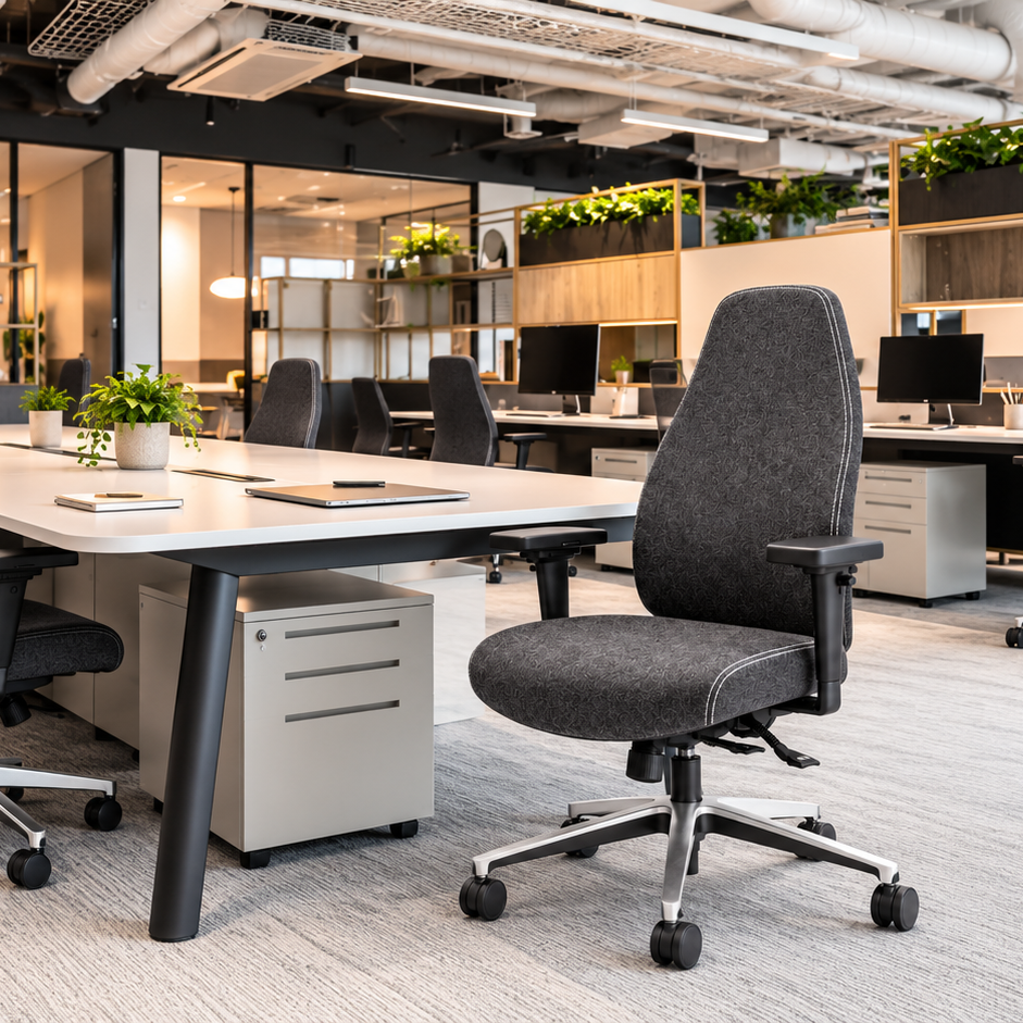 A modern office space with multiple dark gray fabric swivel office chairs arranged around white desks with a central white computer tower, carpeted floor, and visible ceiling pipes and glass partitions.