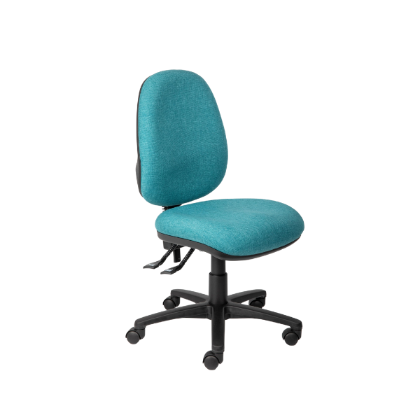 Blue office chair with black base on a white background