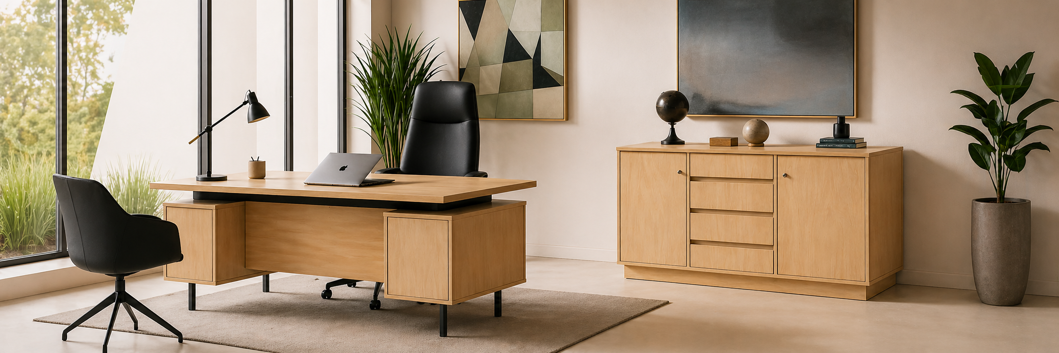 Modern office setup with a desk, chairs, and decorative elements.