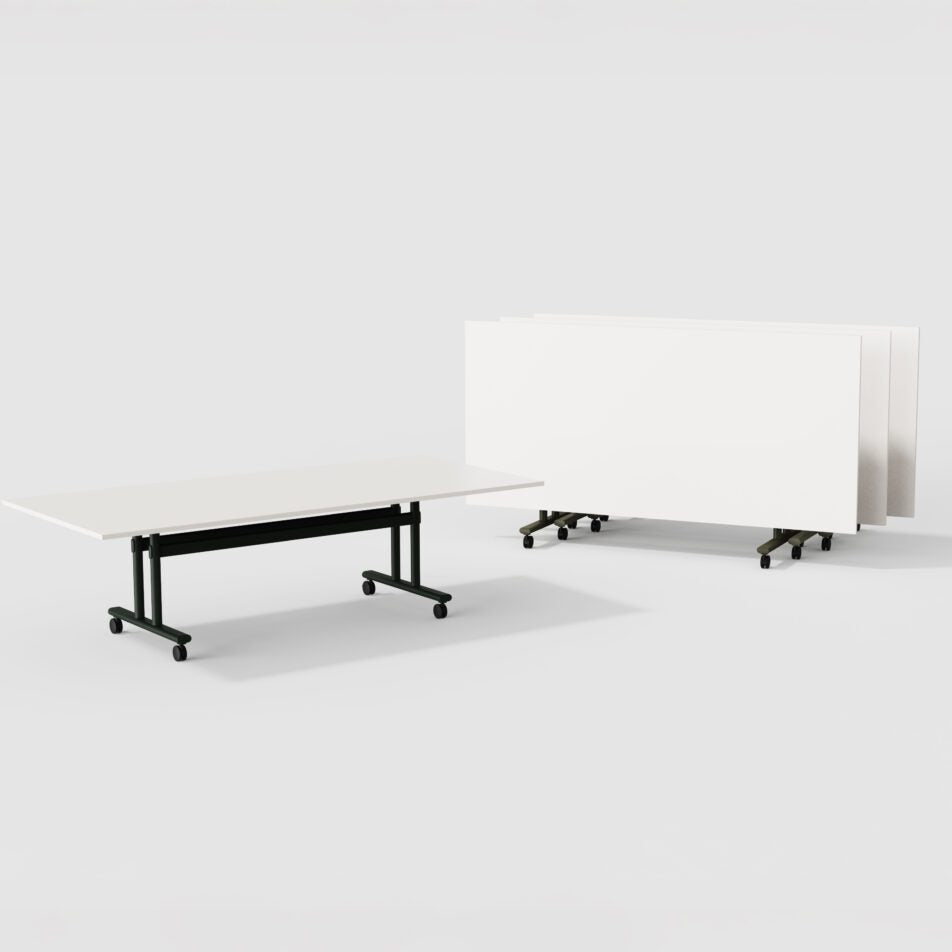 Two white tables with black legs on a white background